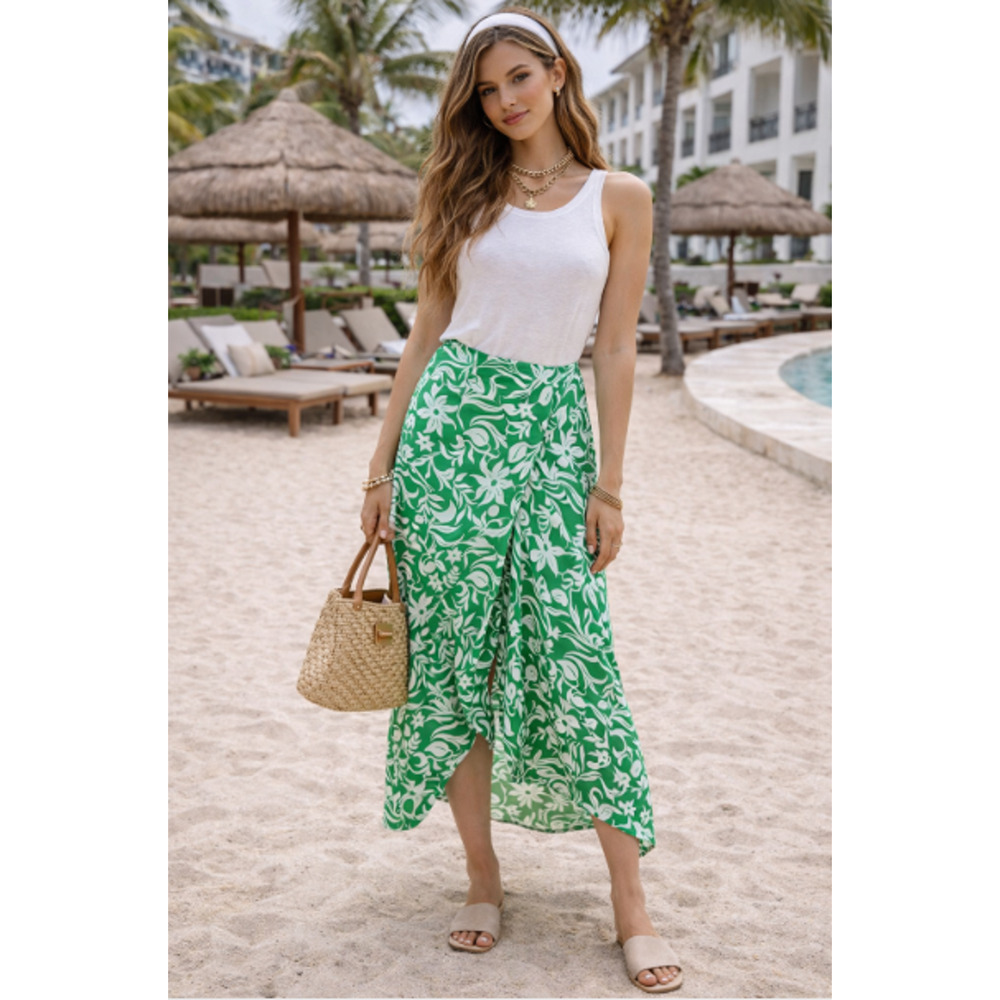Maje Floral Wrap Midi Skirt Green White Asymmetrical Hem Sz 36/S Designer Resort